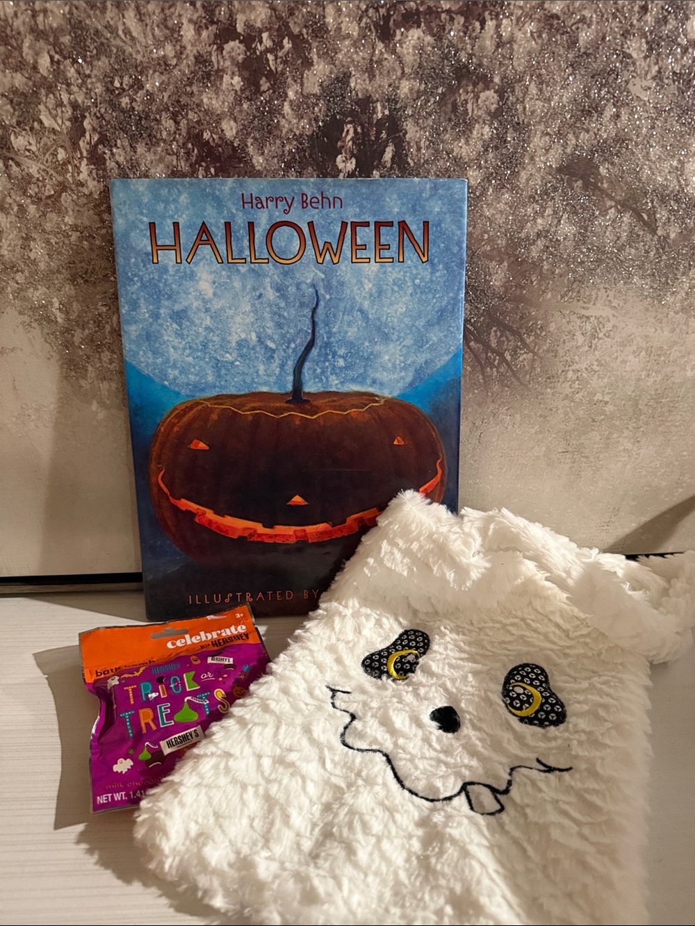 Halloween bundle for kids. A furry tote,book & trick-or-treat Hersheys bath bomb
